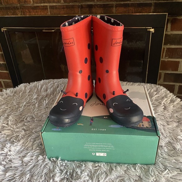 Joules Red Ladybug Rain Boots Big Kids Size 13 Red Black Pull On Wellie Boots - Picture 4 of 11
